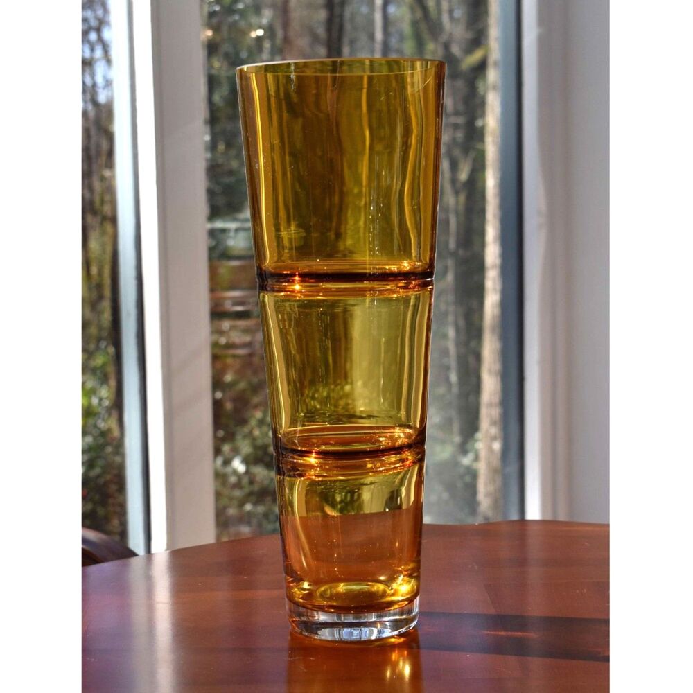 Vintage MCM Amber Art Stacked Glass Vase 16" Tall - Bamboo-Inspired Design